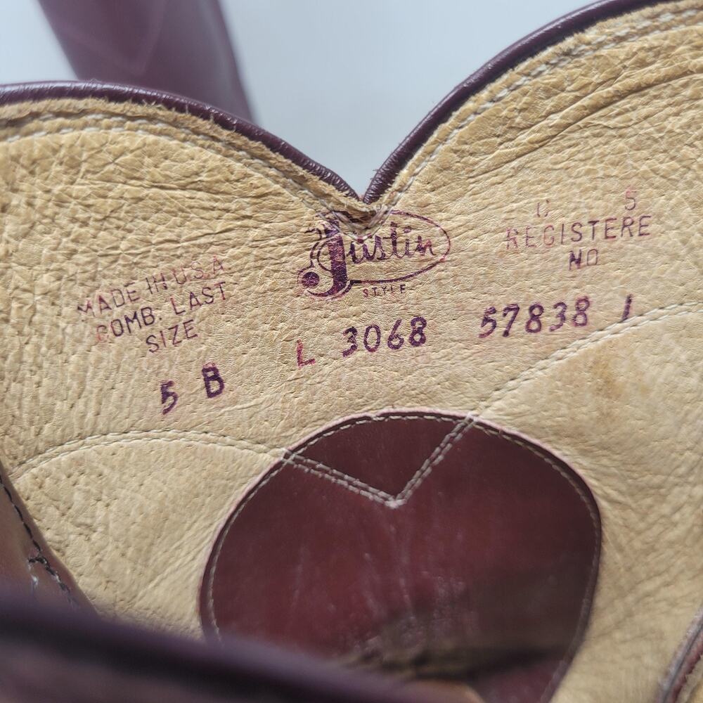 VTG Justin Boots 5B Burgundy Red Leather Western Roper Cowgirl Rodeo USA L3068 - Picture 9 of 13